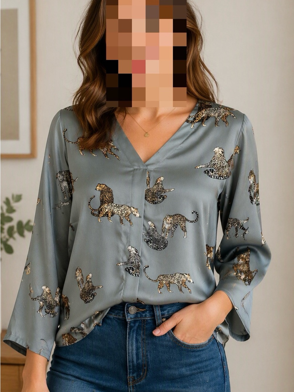 Satin Leopard-Print V-Neck Blouse in Gray